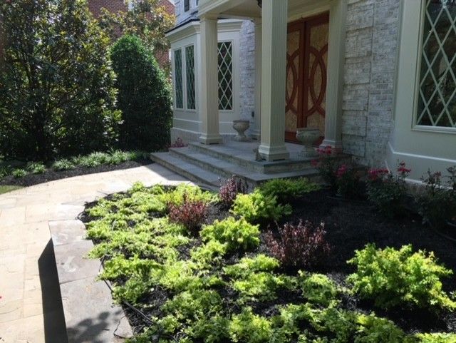 The front of a house with a lush green garden in front of it