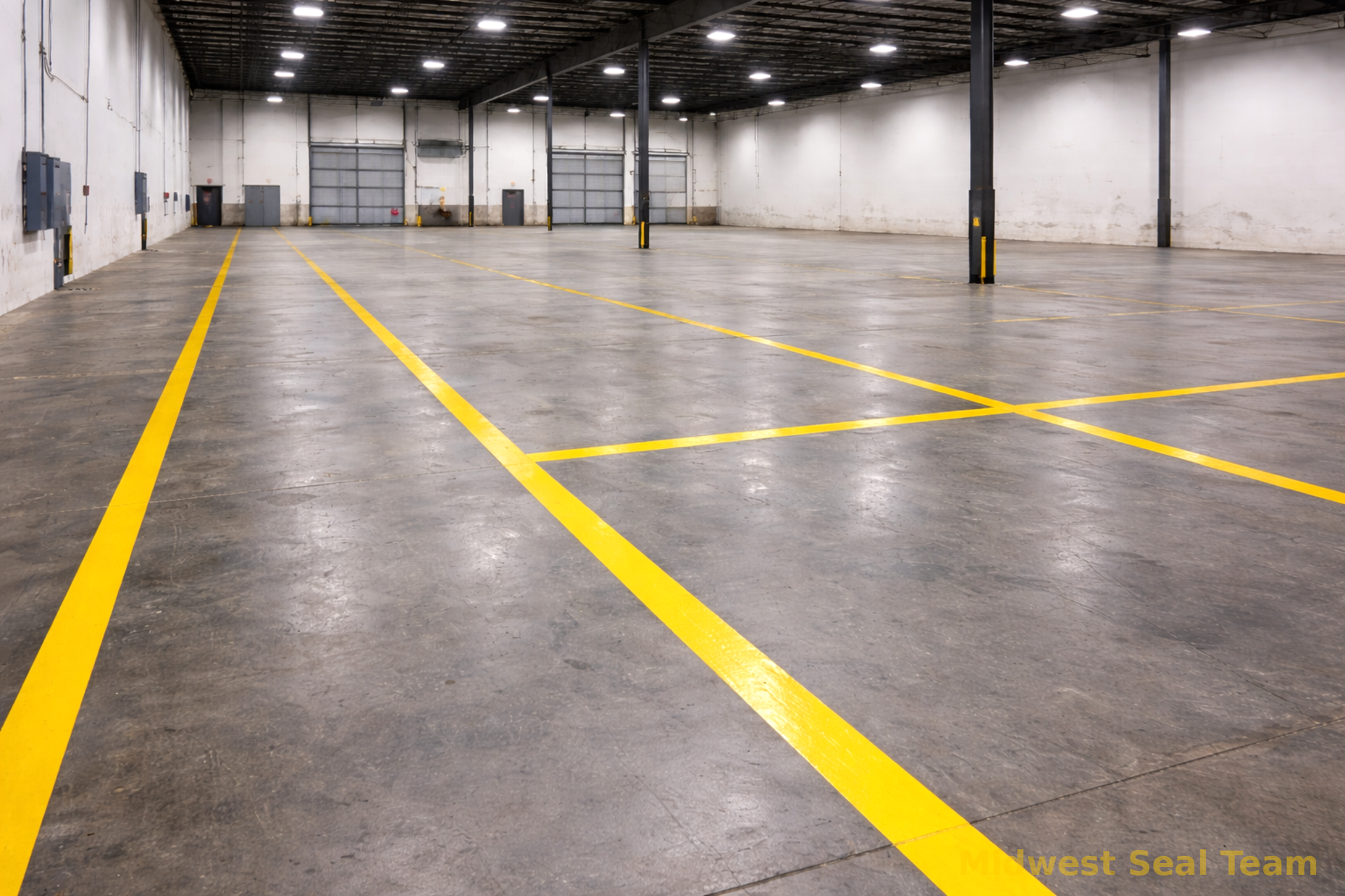 Image of Midwest Seal Team Sealcoating a parking lot in Bluffton, IN. You can see the Midwest Seal Team crew working on sealcoating the edges of the parking area. 