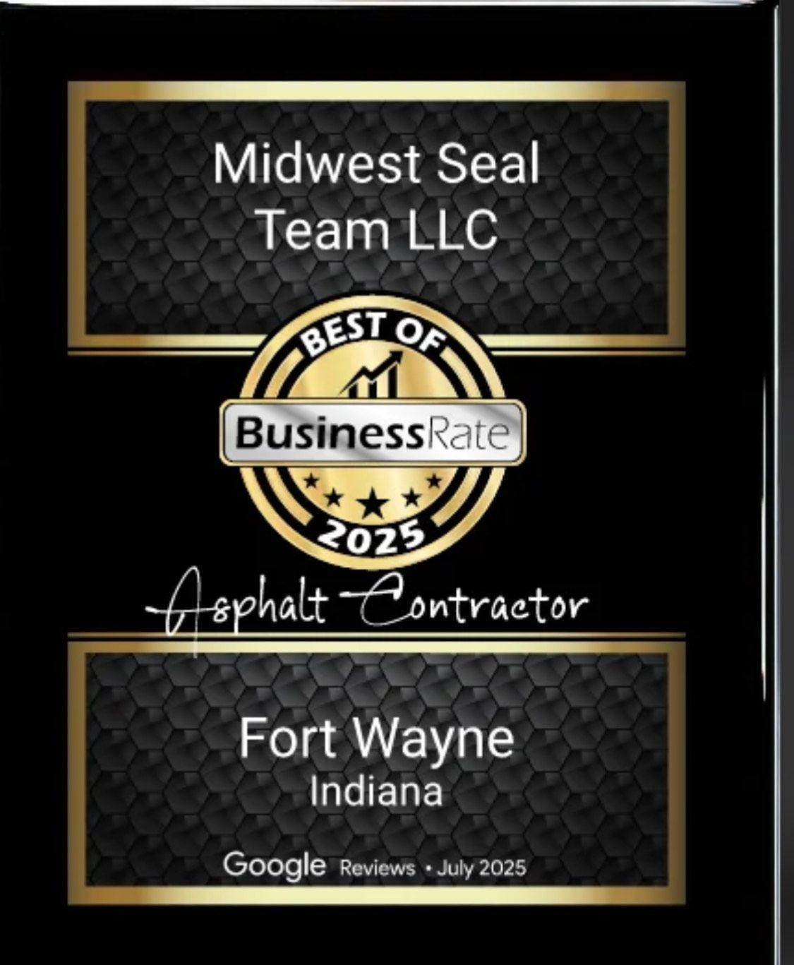Image showing a picutre of an award for the best rated sealcoating company in Fort Wayne, In.  You can see customer reviews on the image as well.