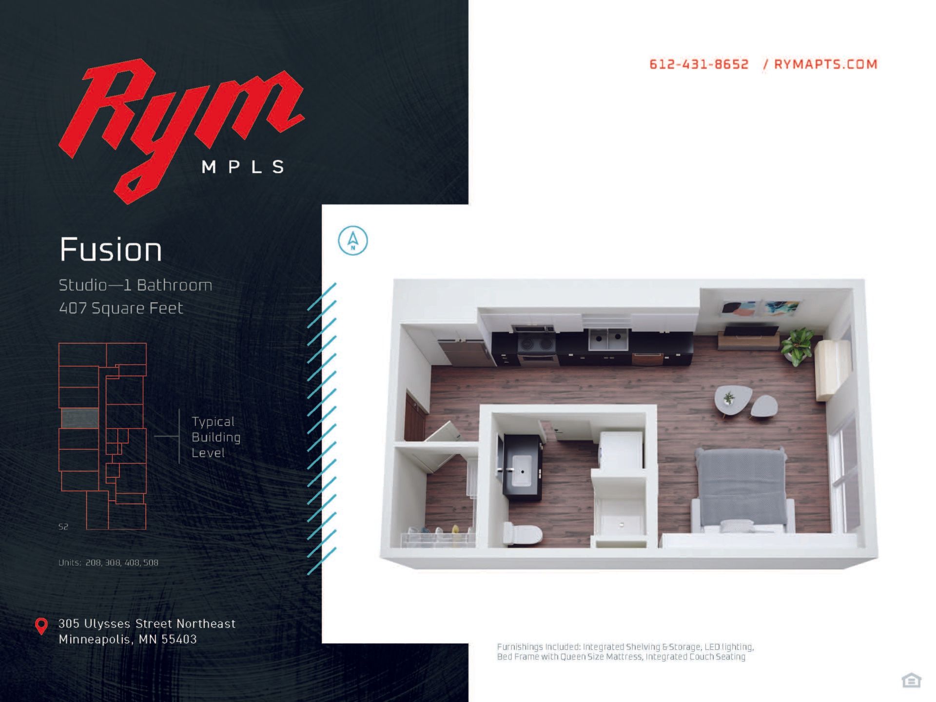 Fusion Studio Apartment Floorplan – 407 Square Feet at RYM Apartments in Northeast Minneapolis