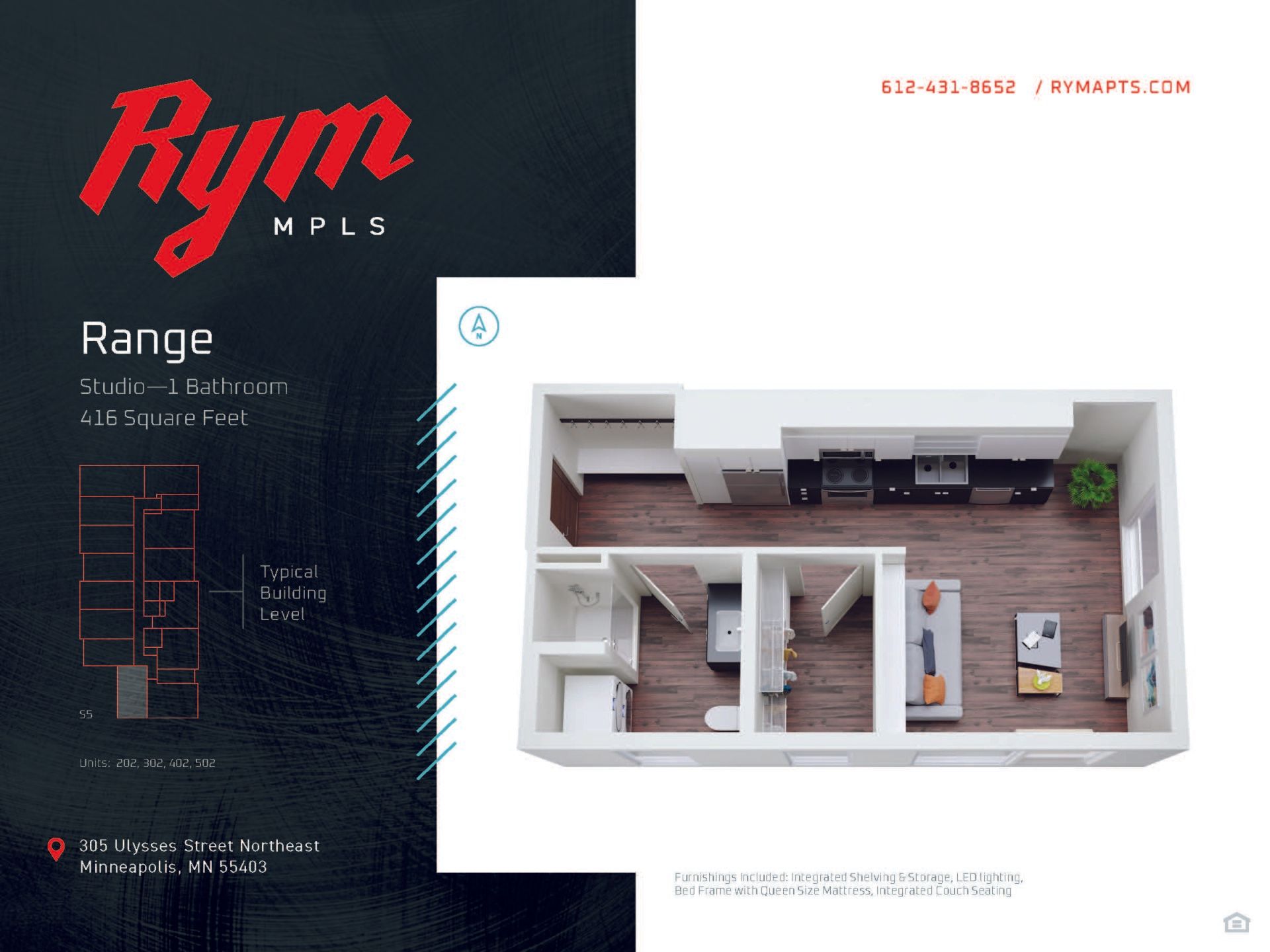 Range Studio Apartment Floorplan – 416 Square Feet at RYM Apartments in Northeast Minneapolis