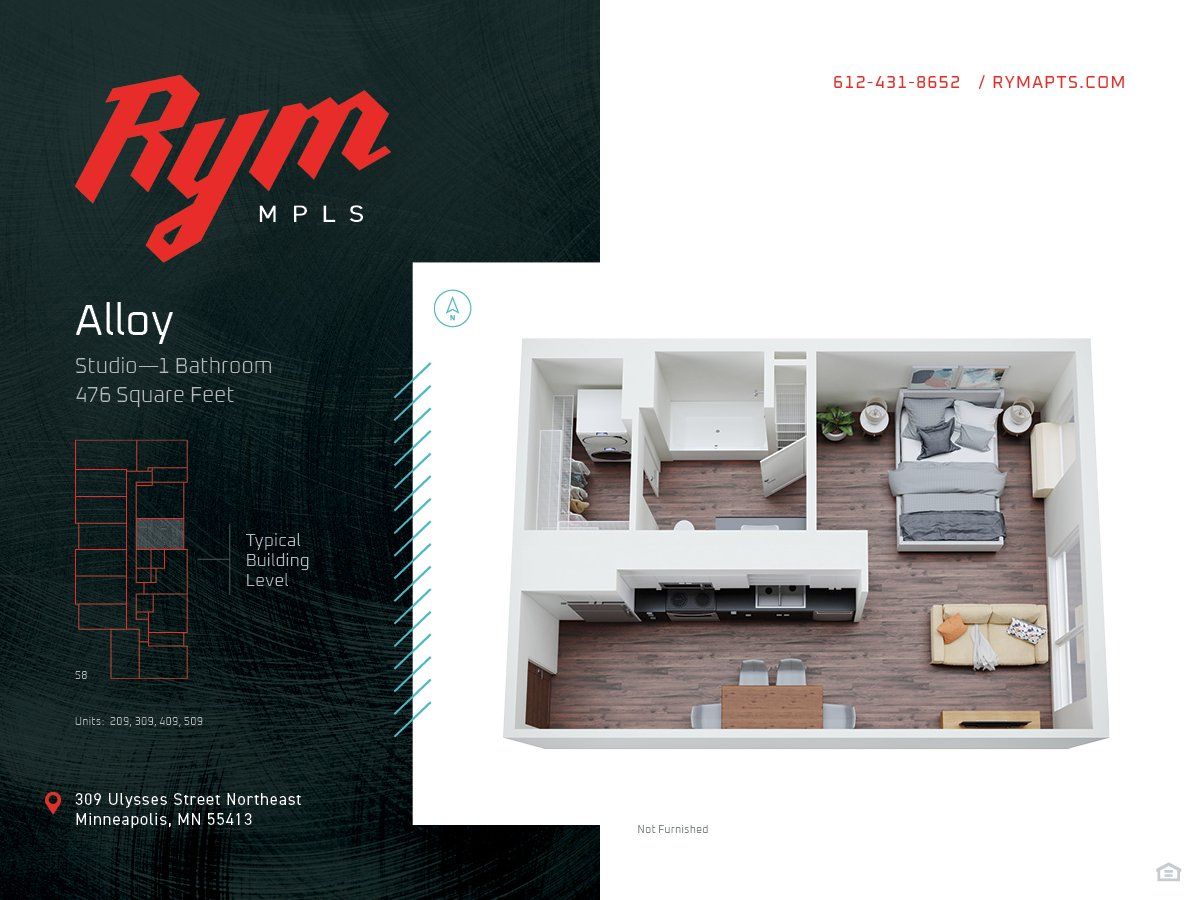 Alloy Studio Apartment Floorplan – 476 Square Feet at RYM Apartments in Minneapolis