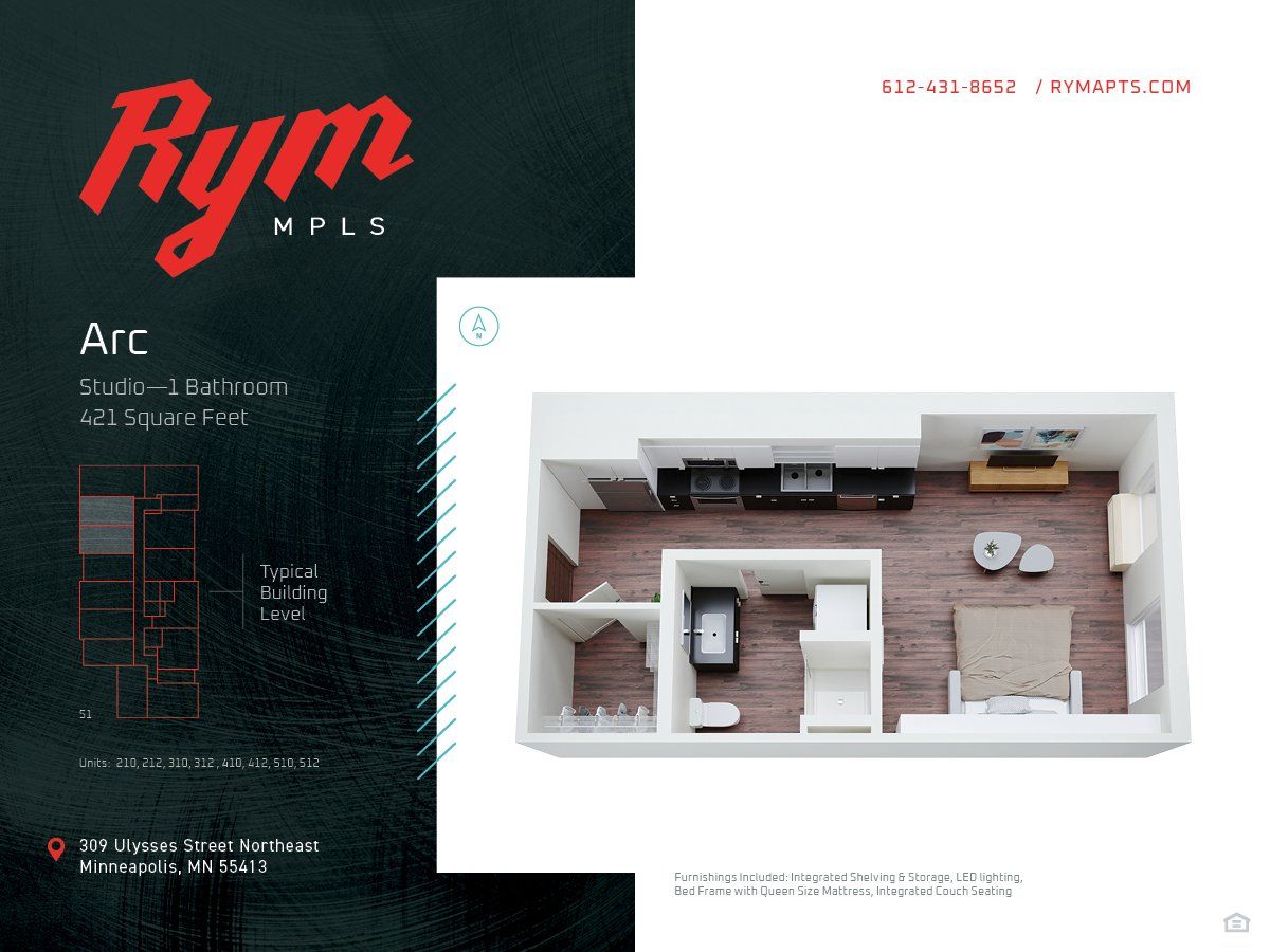 Arc Studio Apartment Floorplan – 421 Square Feet at RYM Apartments in NE Minneapolis