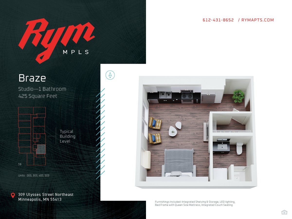 Braze Studio Apartment Floorplan – 425 Square Feet at RYM Apartments in Minneapolis