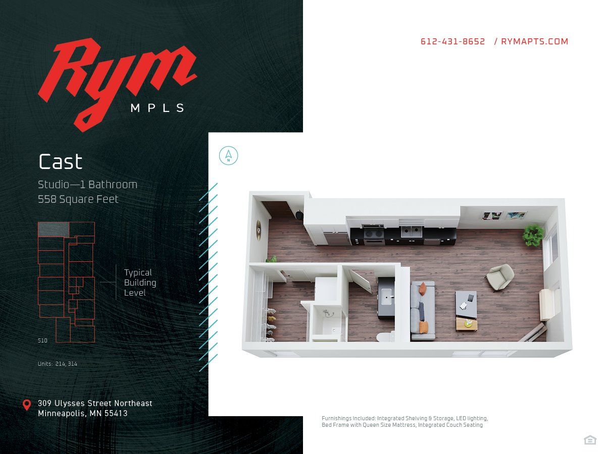 Cast Studio Apartment Floorplan – 558 Square Feet at RYM Apartments in Northeast Minneapolis