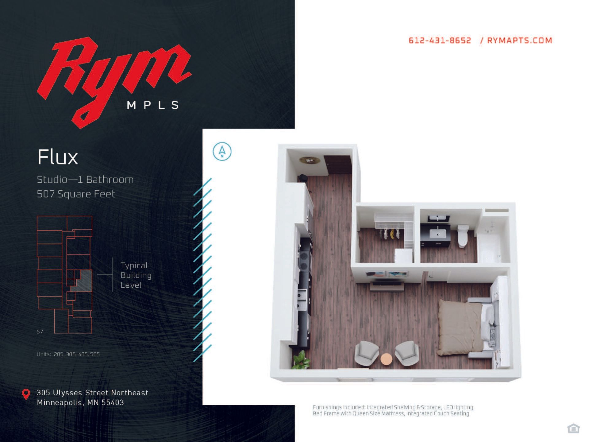 Flux Studio Apartment Floorplan – 507 Square Feet at RYM Apartments in Northeast Minneapolis