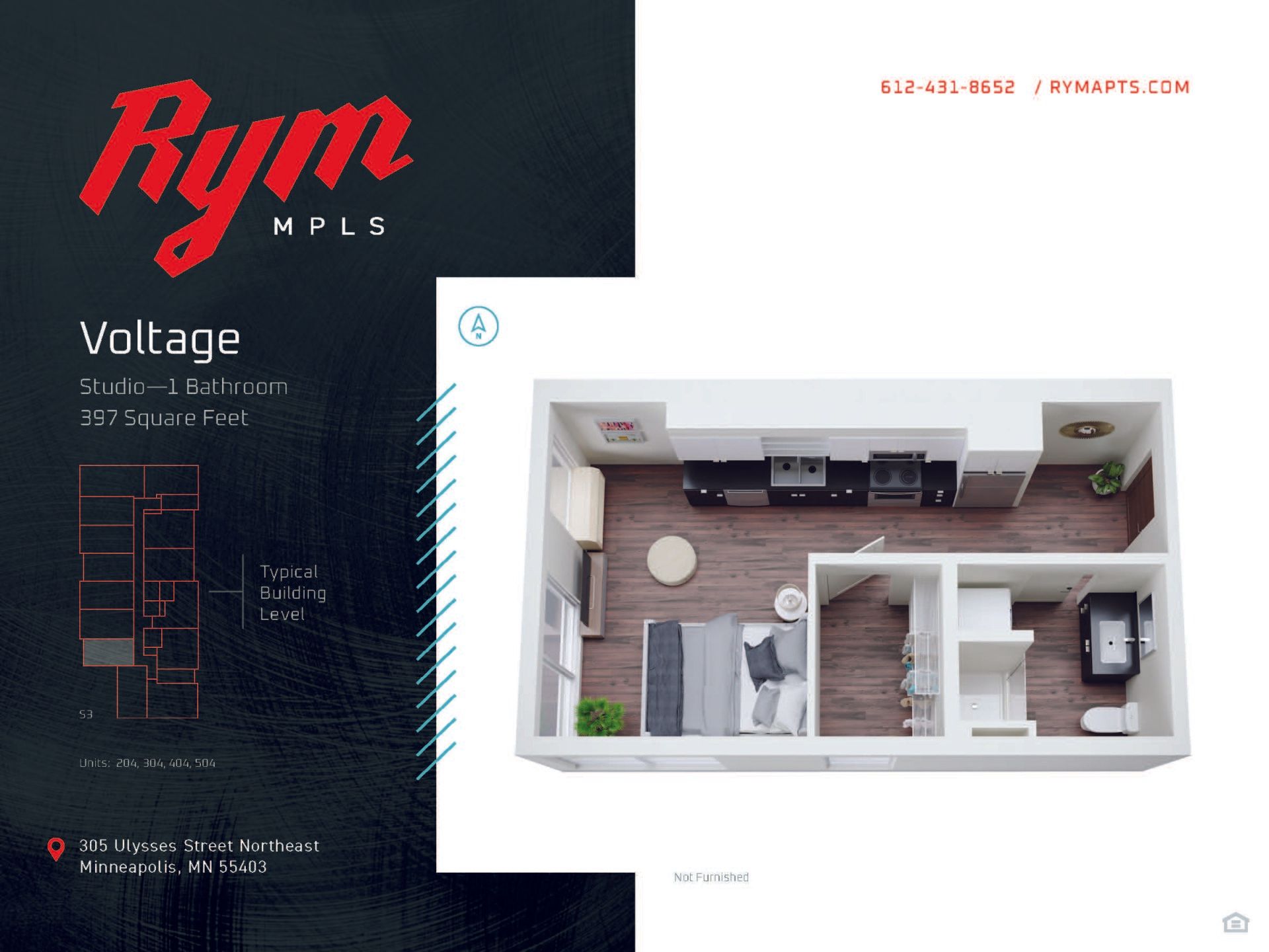 Voltage Studio Apartment Floorplan – 397 Square Feet at RYM Apartments in Northeast Minneapolis
