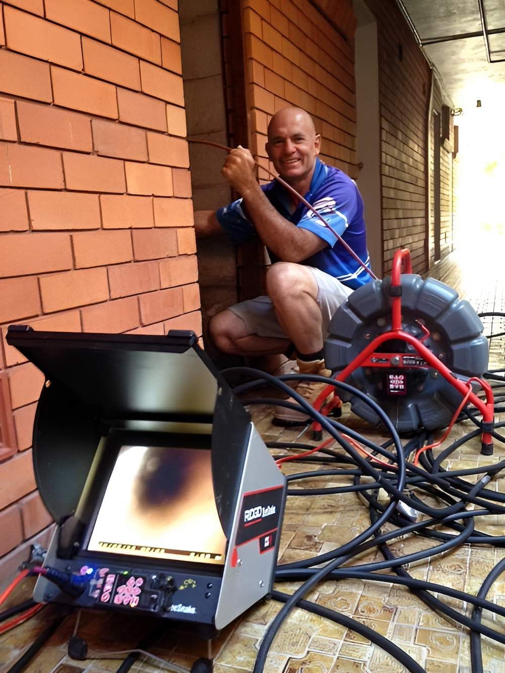 A Man is Kneeling Down Next to a Drain Camera — De Rose Plumbing In Bayview Heights, QLD