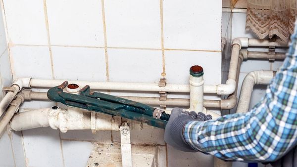 A Man is Fixing a Pipe With a Wrench in a Bathroom — De Rose Plumbing In Bayview Heights, QLD