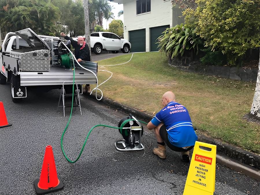 A Man Fixing the Long Hose While Kneeling on the Floor— De Rose Plumbing In Bayview Heights, QLD