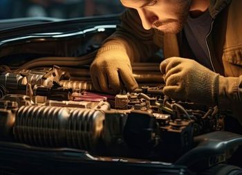 Un homme travaille sur le moteur d'une voiture.