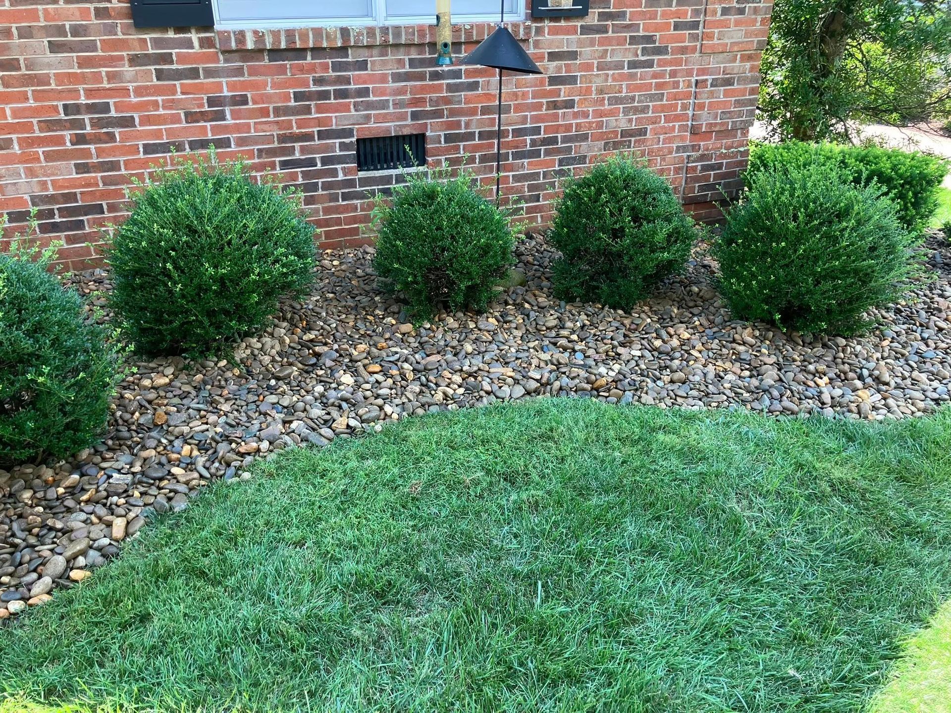 Woman kneeling, using a level and mallet to lay brick pathway. Other workers and equipment in the background.