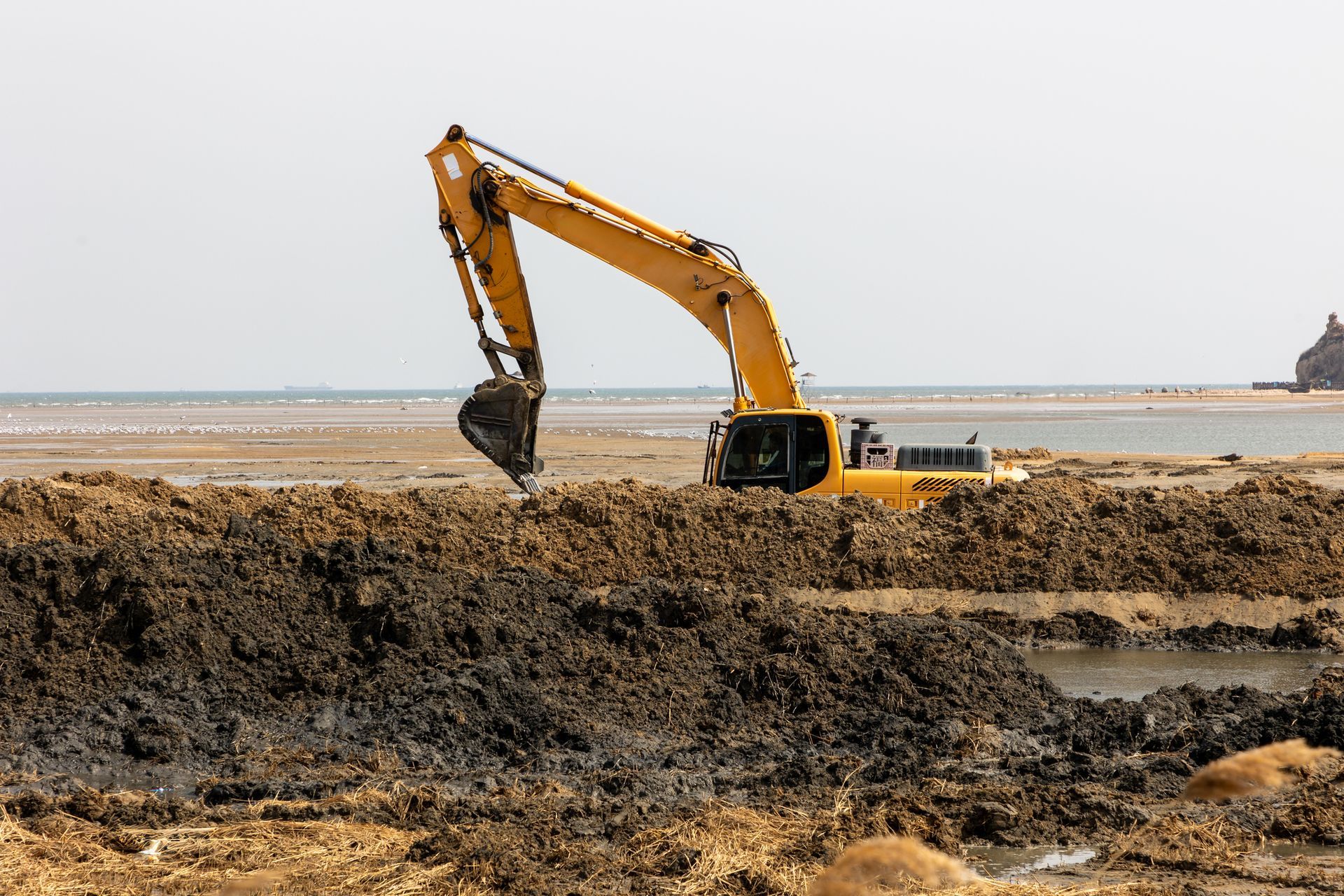 Yellow excavator digging dark soil near water.