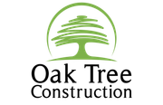 Green logo: Oak tree graphic within a green circle, with "Oak Tree Construction" below in black text.
