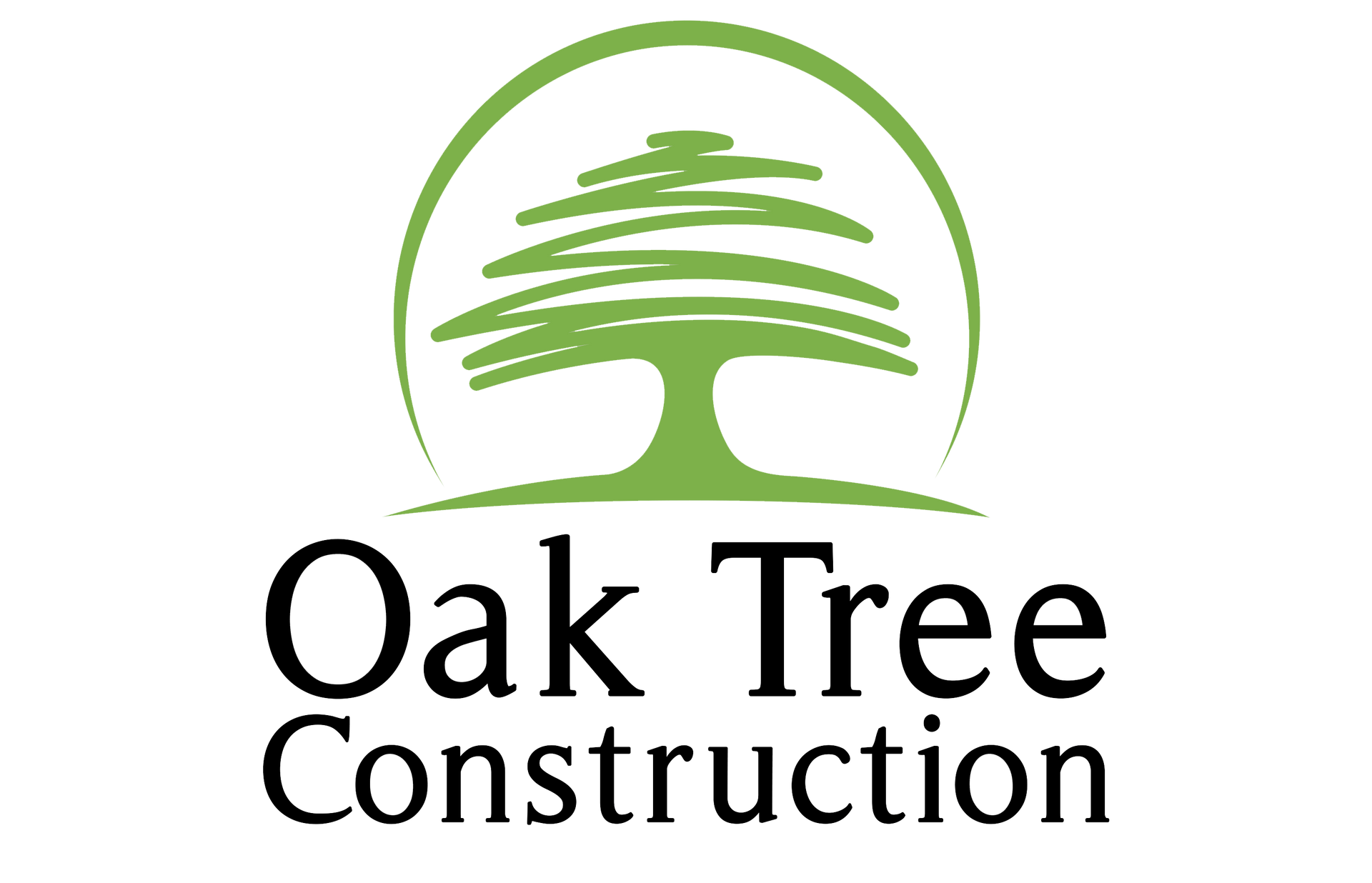 Green logo: Oak tree graphic within a green circle, with "Oak Tree Construction" below in black text.