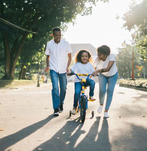 A little girl is riding a bike with her parents behind her