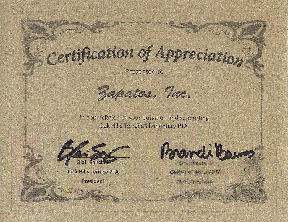 Oak Hills Terrace PTA Certificate