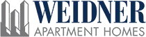 A logo for weidner apartment homes with a building in the background.