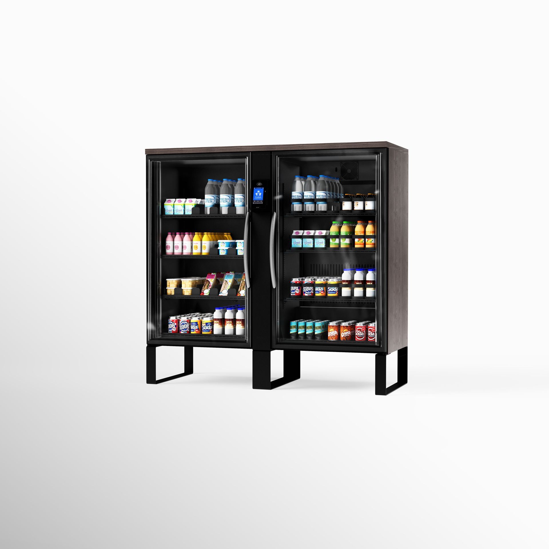 A modern double-door vending machine, dark with glass doors, stocked with various snacks and drinks.