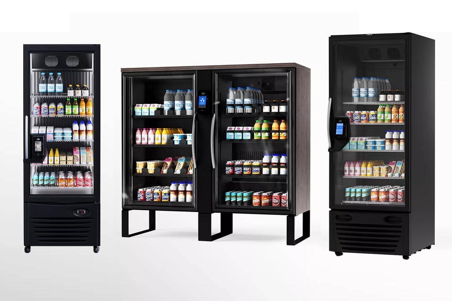Three black vending machines displaying various snacks and drinks.
