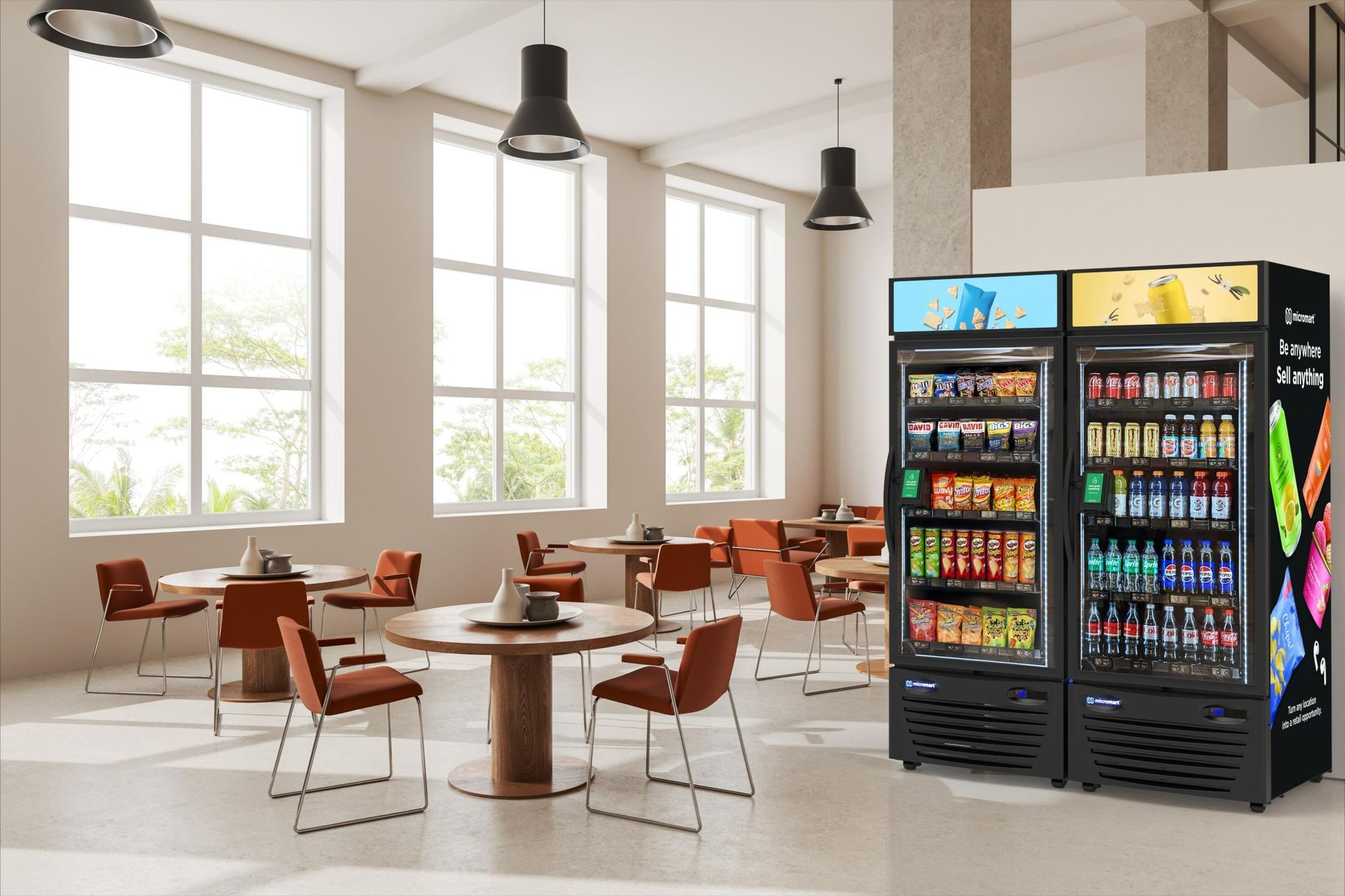 Cafeteria with refrigerated display cases, round tables, chairs, and large windows.