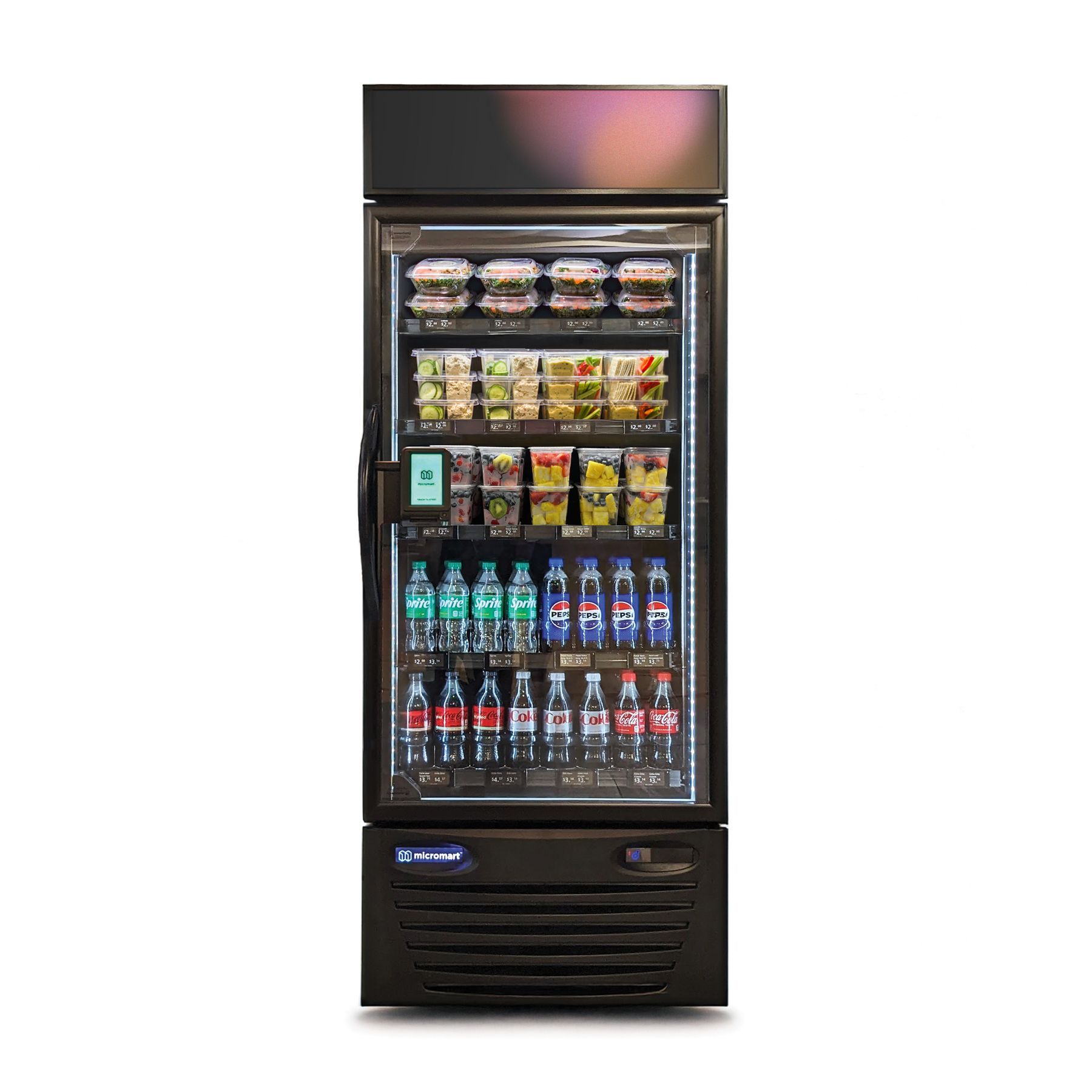 Vending machine with drinks and prepared foods visible through glass door. Black exterior, lit interior.