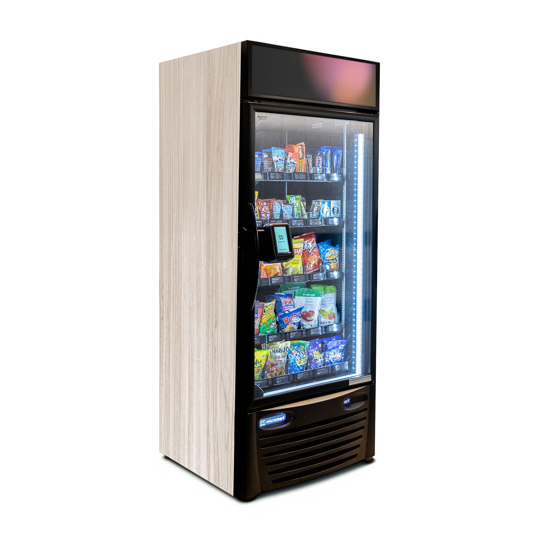 Vending machine with snacks and drinks, light woodgrain sides, glass door.