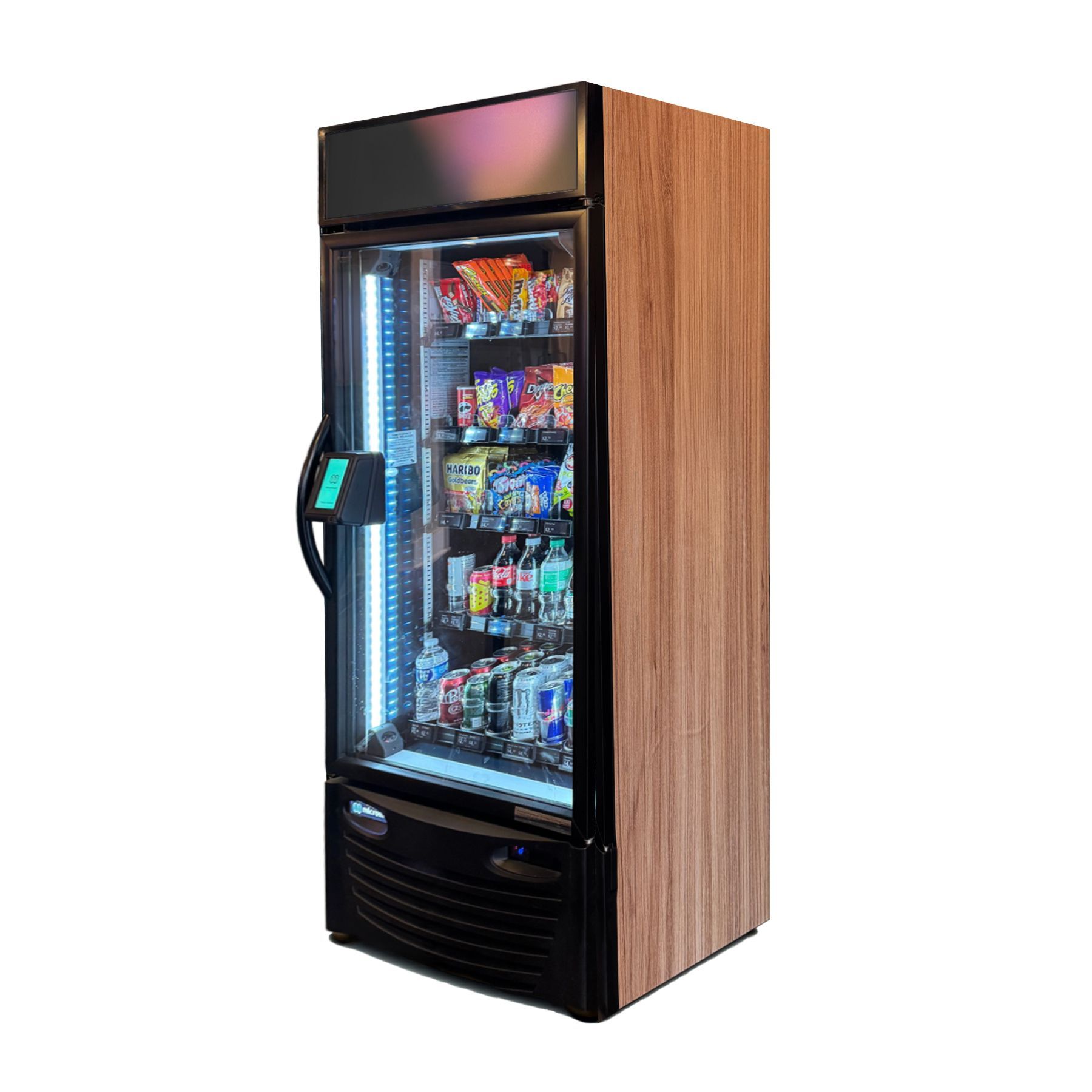 A vending machine with a wooden veneer side, glass door displaying snacks and drinks, black base.