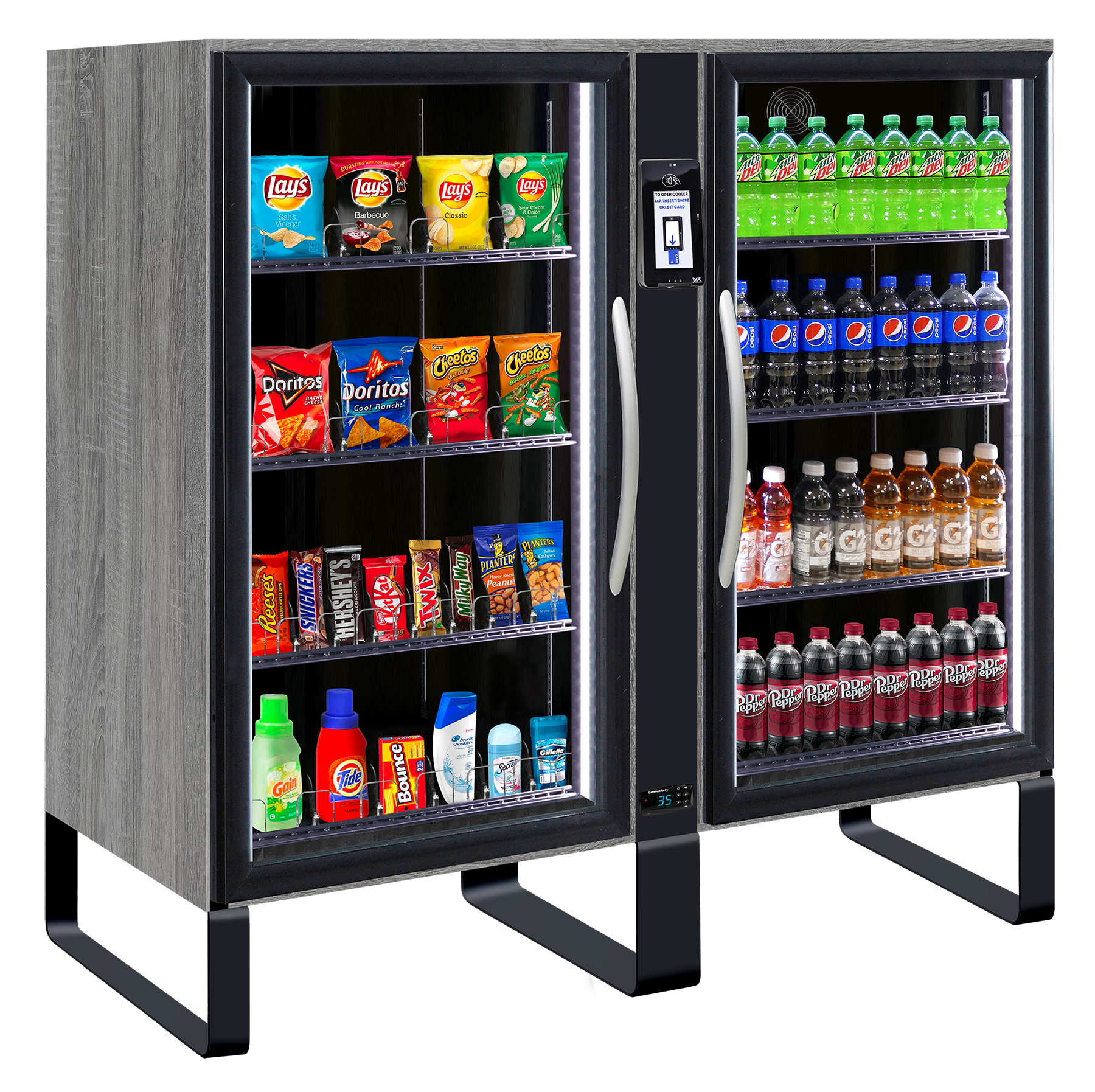 Two side-by-side vending machines stocked with snacks and drinks, with a payment system on one door.