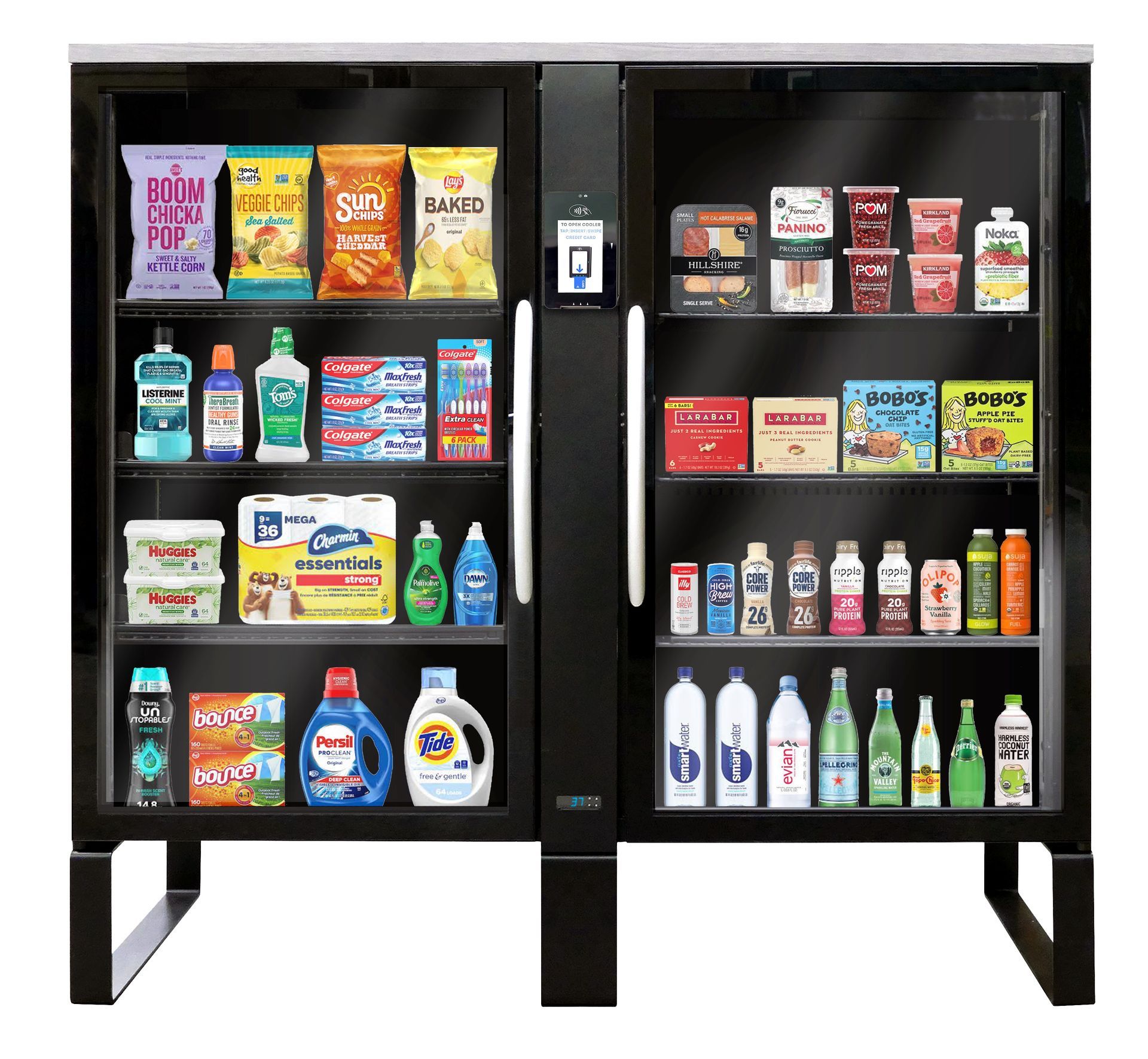 Black vending machine filled with snacks and household items.