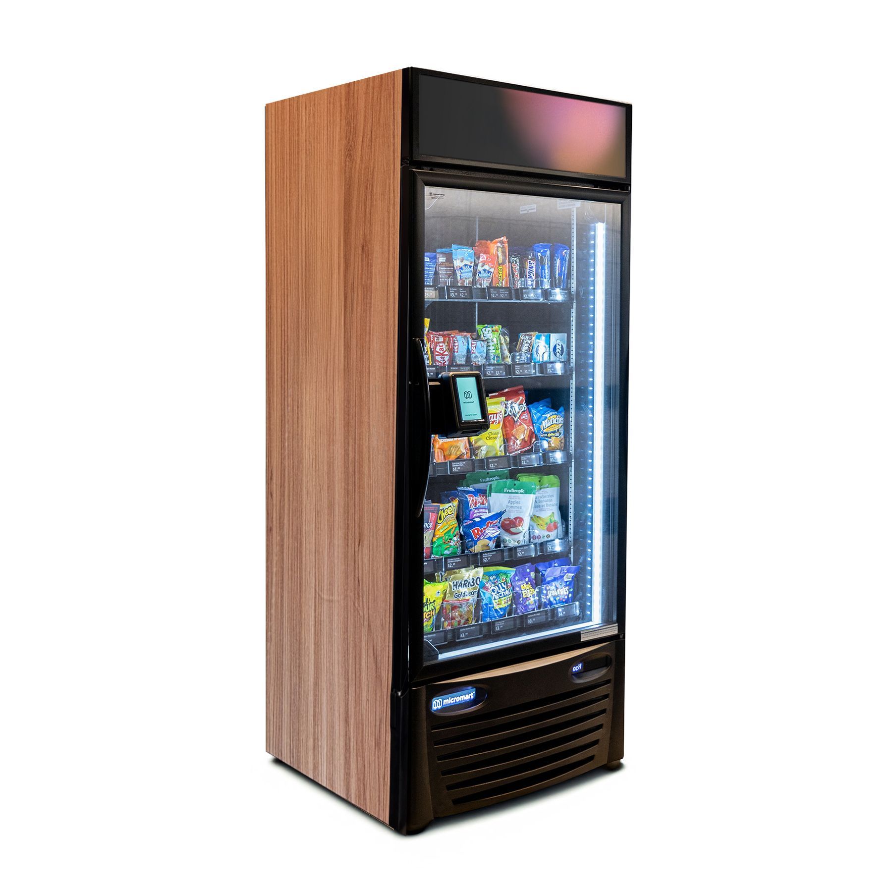 Vending machine with snacks and drinks. Wood grain sides, black front, and glass door.
