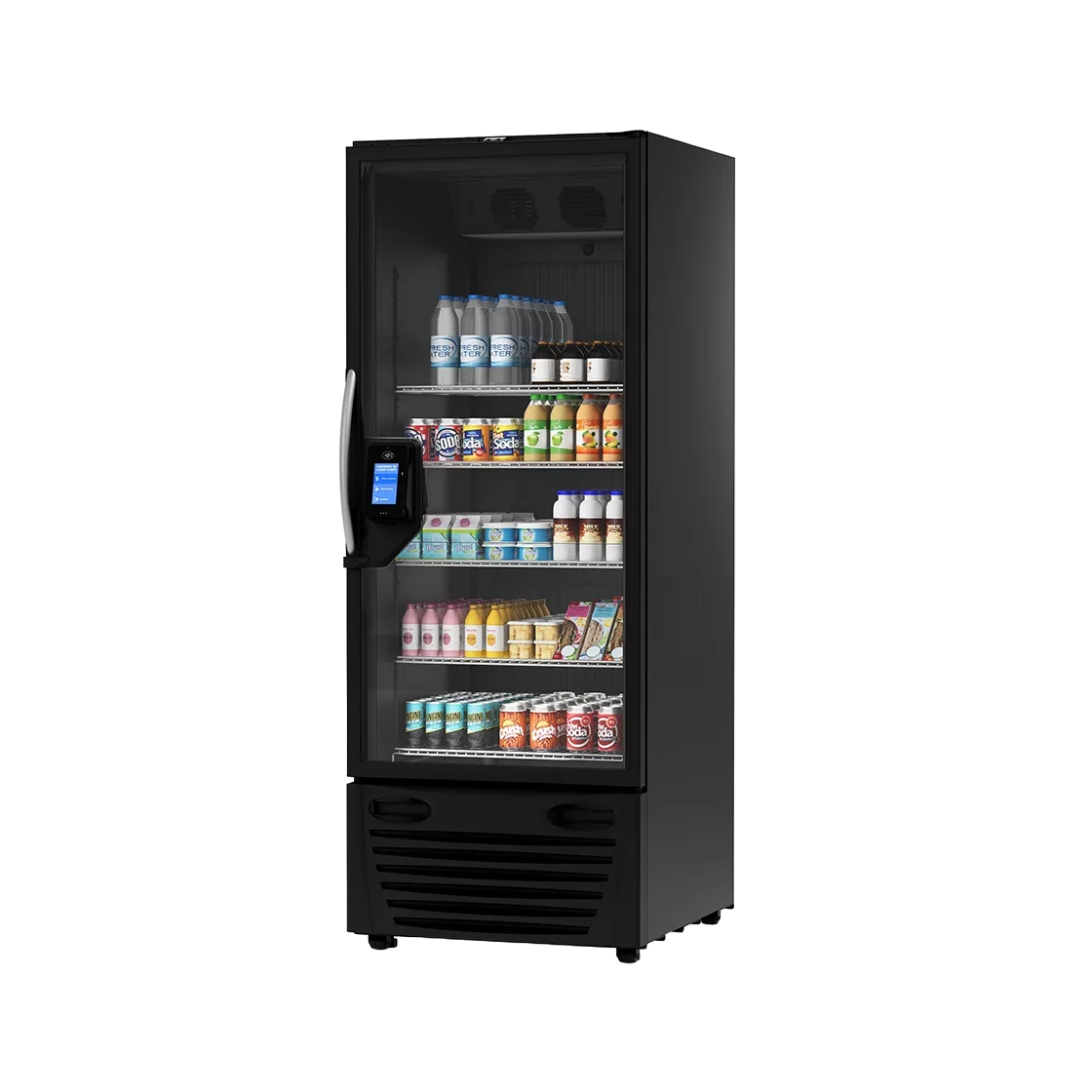 Black commercial refrigerator with glass door, displaying various food and drink products on shelves.