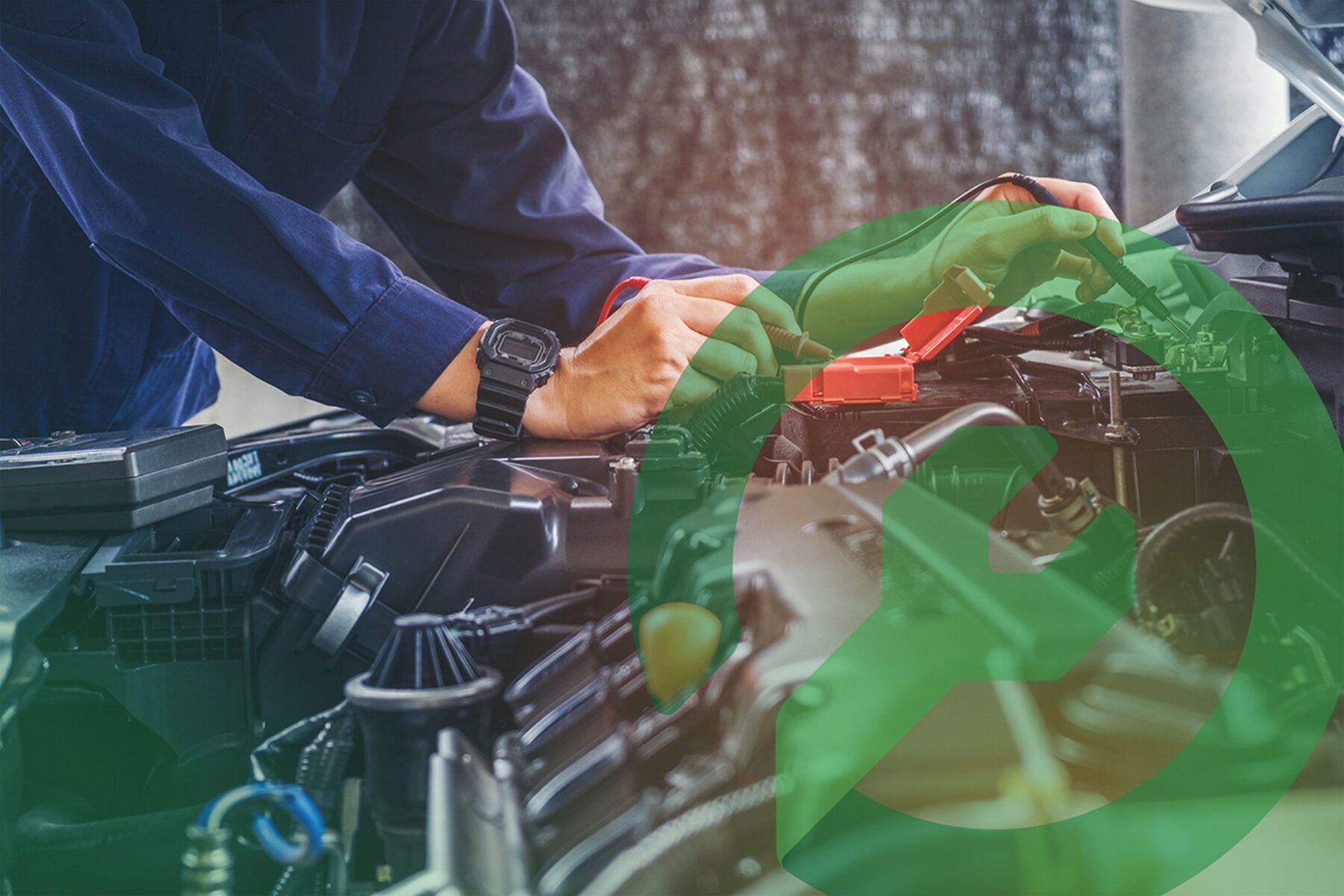 Mechanic in blue jumpsuit working on a car engine, visible hands and watch | Parks Automotive