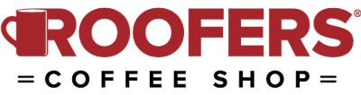 The logo for roofers coffee shop is red and black.