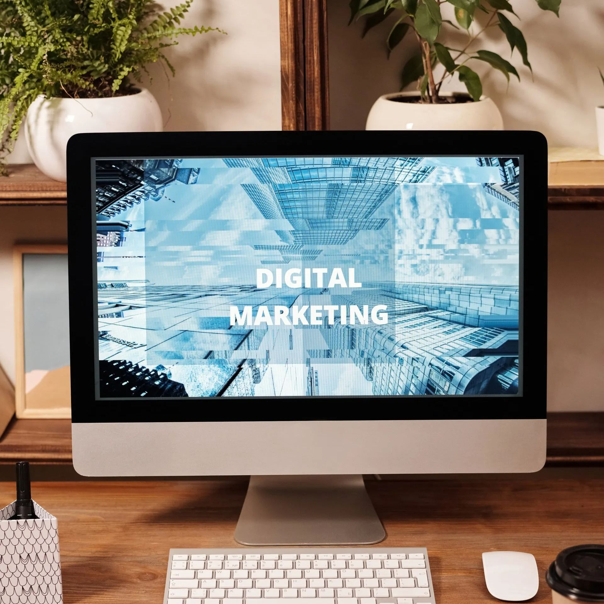 A computer monitor with the words digital marketing on it