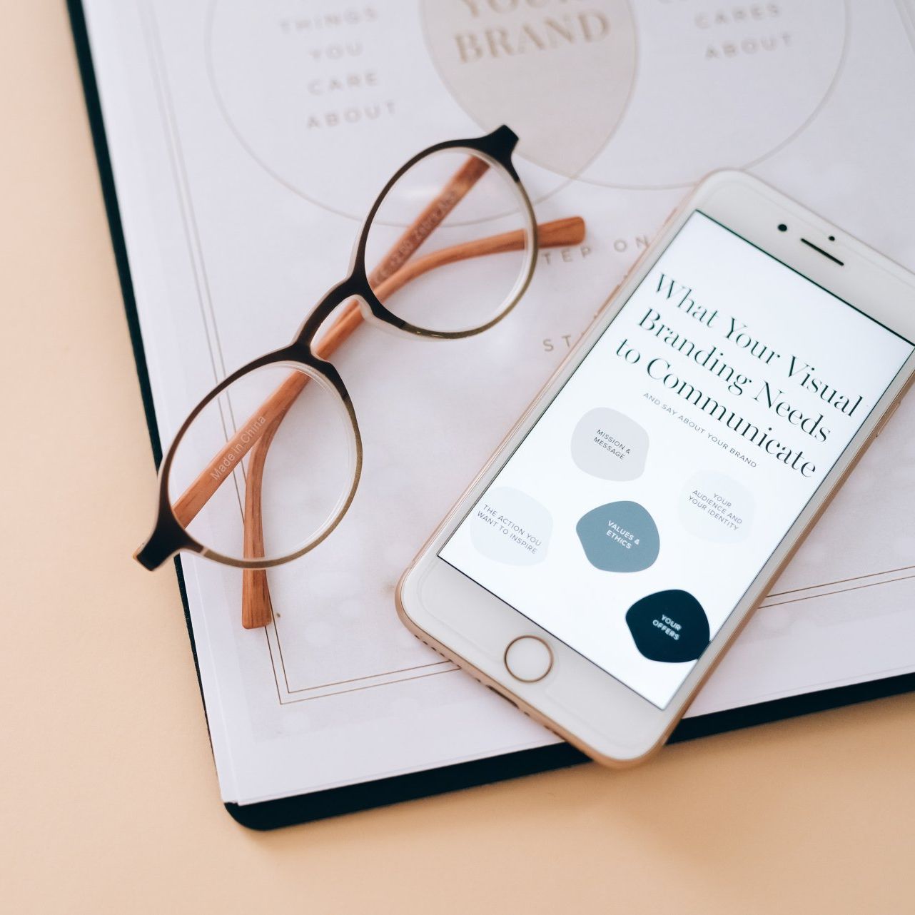 A pair of glasses sit next to a cell phone that says what your brand needs to communicate