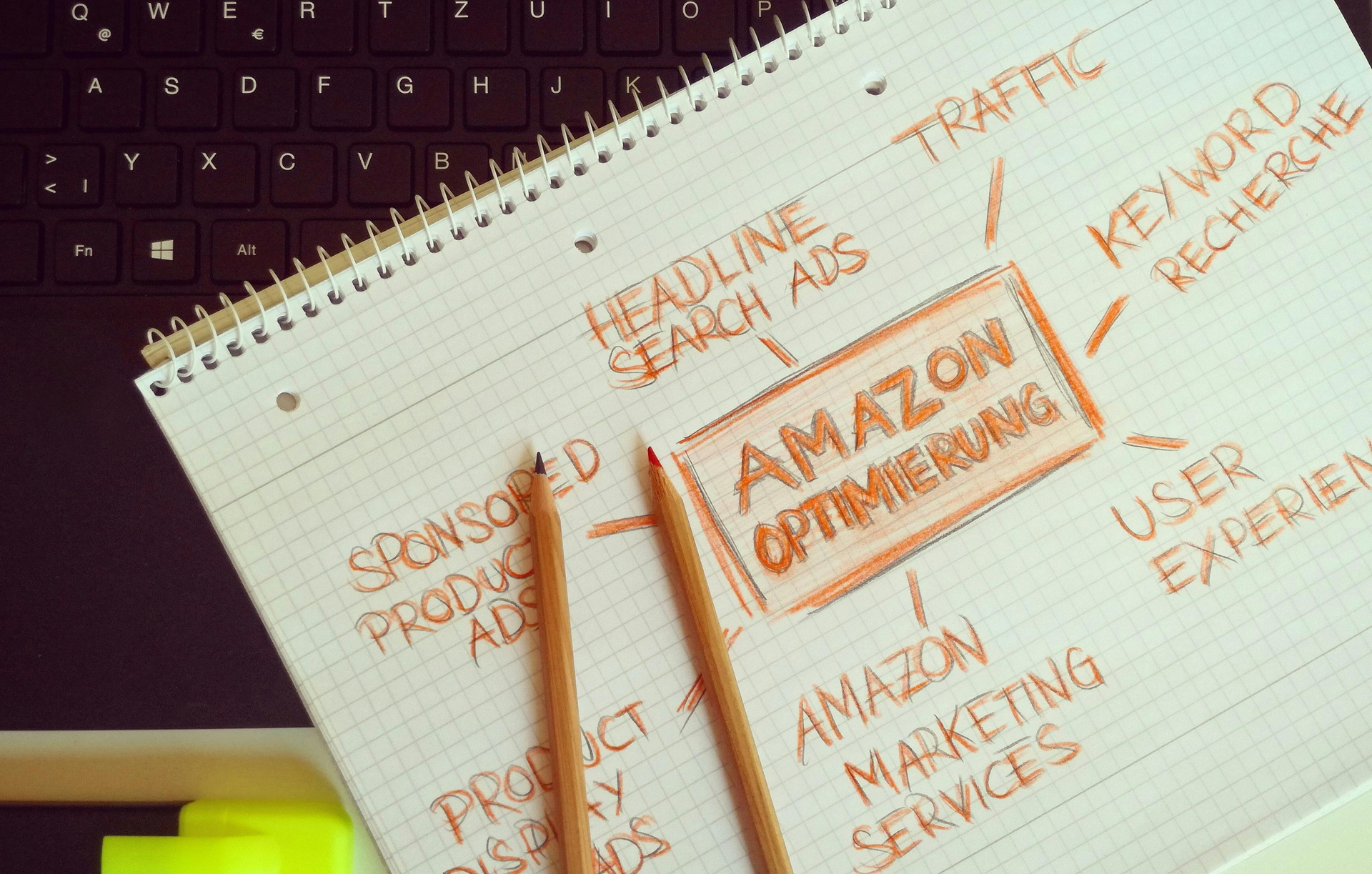 Two pencils are sitting on top of a notebook that says amazon optimization