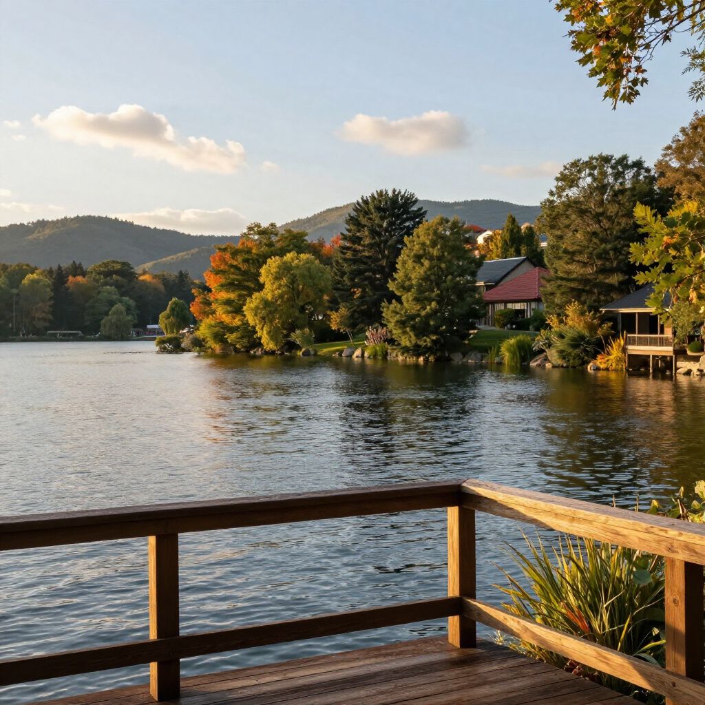 Wooden deck overlooking a lake, with mountains and autumn foliage in the background.