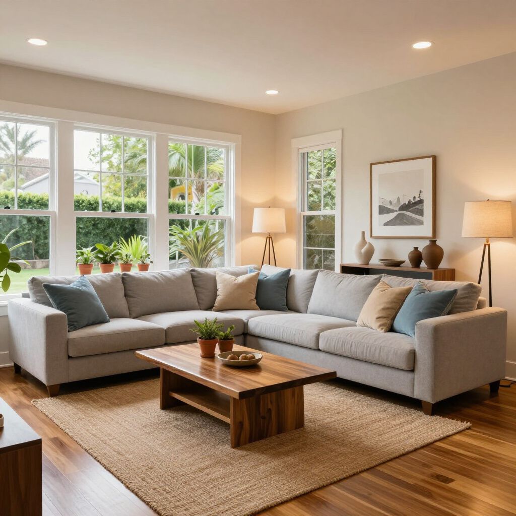 Living room with sectional sofa, coffee table, rug, and windows.