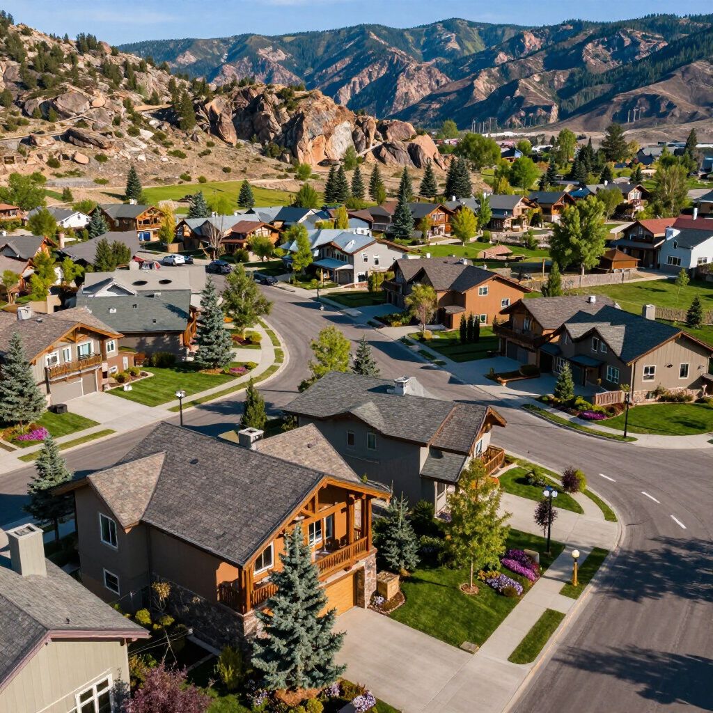 Residential neighborhood nestled in a valley with houses, trees, and mountains in the background under a sunny sky.