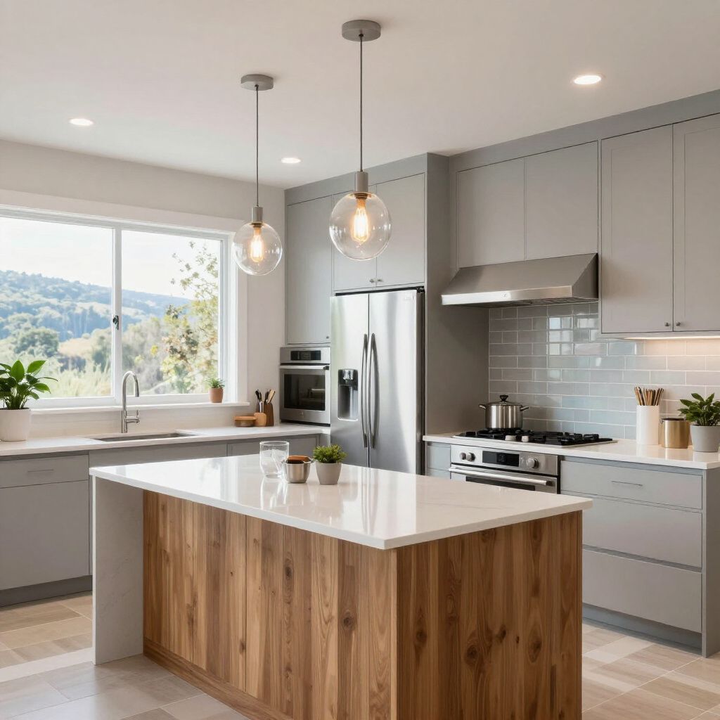 Modern kitchen with gray cabinets, wooden island, stainless steel appliances, and pendant lights.