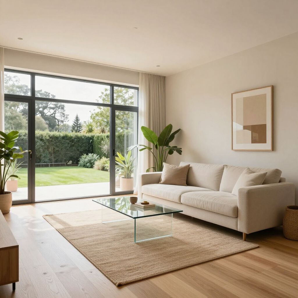 Living room with beige couch, glass coffee table, rug, plants, and large window overlooking a yard.