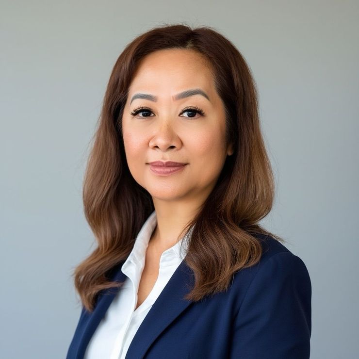 A woman is wearing a blue jacket and a white shirt.