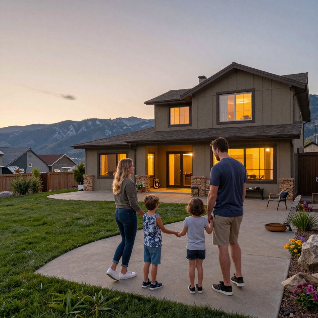 Family standing on patio in front of a house, looking at the sunset. Green yard, mountains in the background.