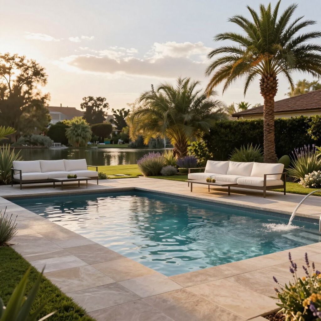 A serene pool surrounded by light stone, sofas, and lush landscaping, near a lake with palm trees.