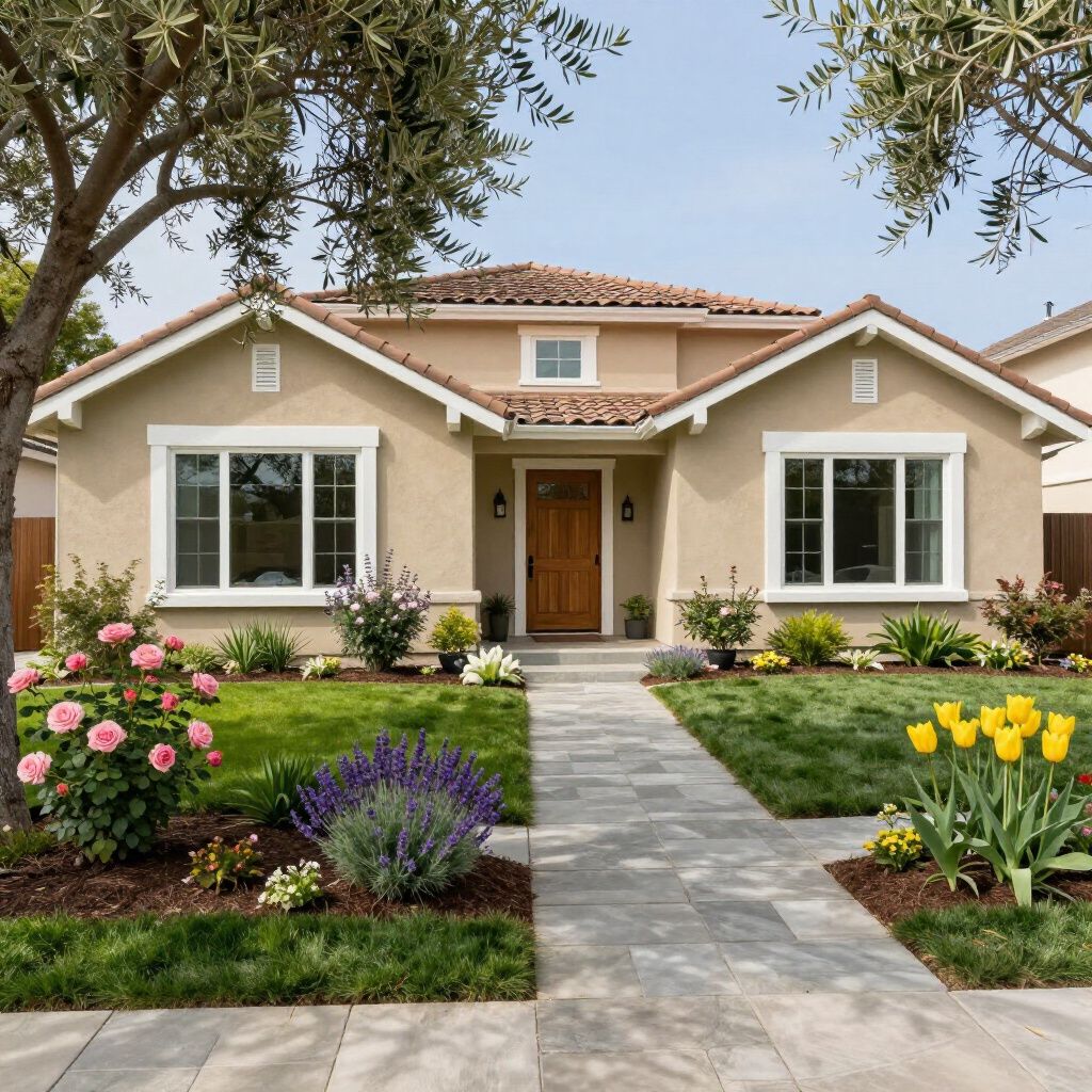Beige house with a tiled roof, white-trimmed windows, and a paved walkway, surrounded by green grass and flowers.