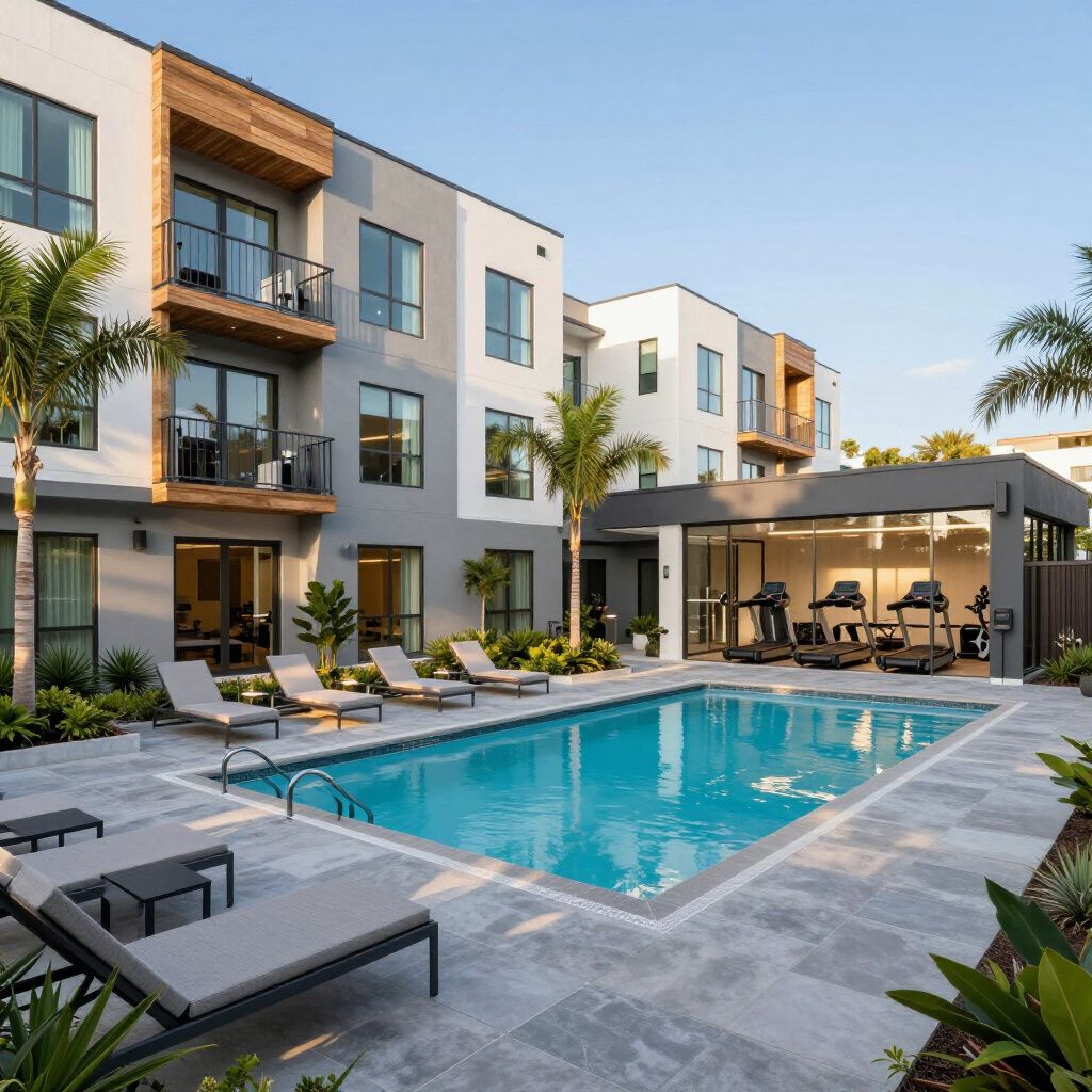Pool and apartment complex with palm trees, lounge chairs, and gym.