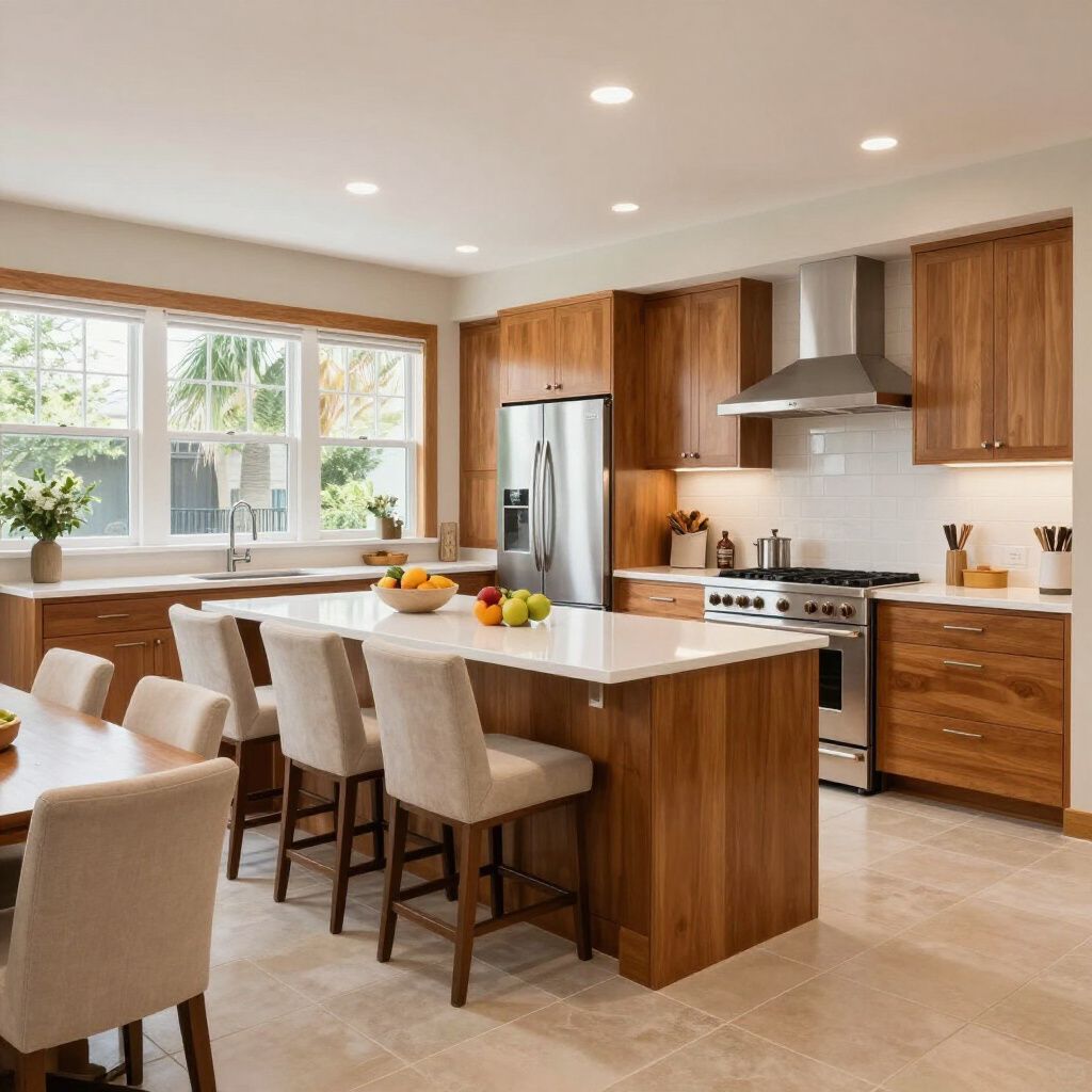 Modern kitchen with wood cabinets, island with stools, stainless steel appliances, and a dining table.