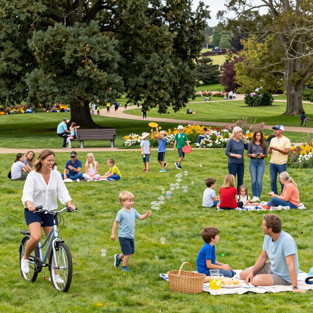 People enjoy a sunny day in a park; riding bikes, picnicking, and blowing bubbles, with a large tree and flowers.