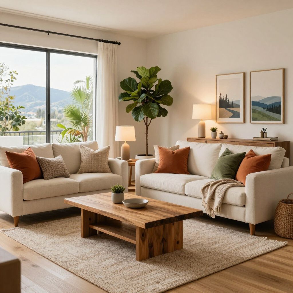 Living room with two cream-colored sofas, wooden coffee table, large window with a mountain view, and decorative pillows.